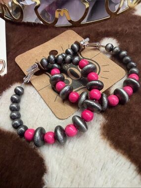 Hoop Beaded Earrings with Pink and Gunmetal Accents